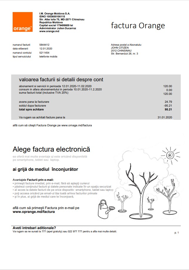 Moldova Orange Factura utility bill template in Word and PDF format